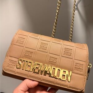 Steve Madden Beige Quilted Logo Chain Crossbody with Gold Hardware